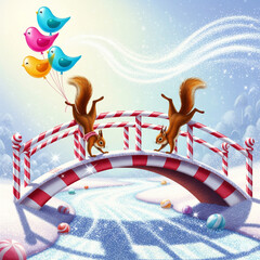 Two squirrels perform cartwheels across a peppermint bridge while balloons shaped like birds float nearby in a sugary breeze.