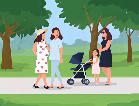 Video IA ilustrado Mujeres caminando, una embarazada junto a una enfermera, Nani, otra mama junto su hija empujando cochecito del beb&eacute; reci&eacute;n nacido por el parque, presente, futuro, seguro, maternidad