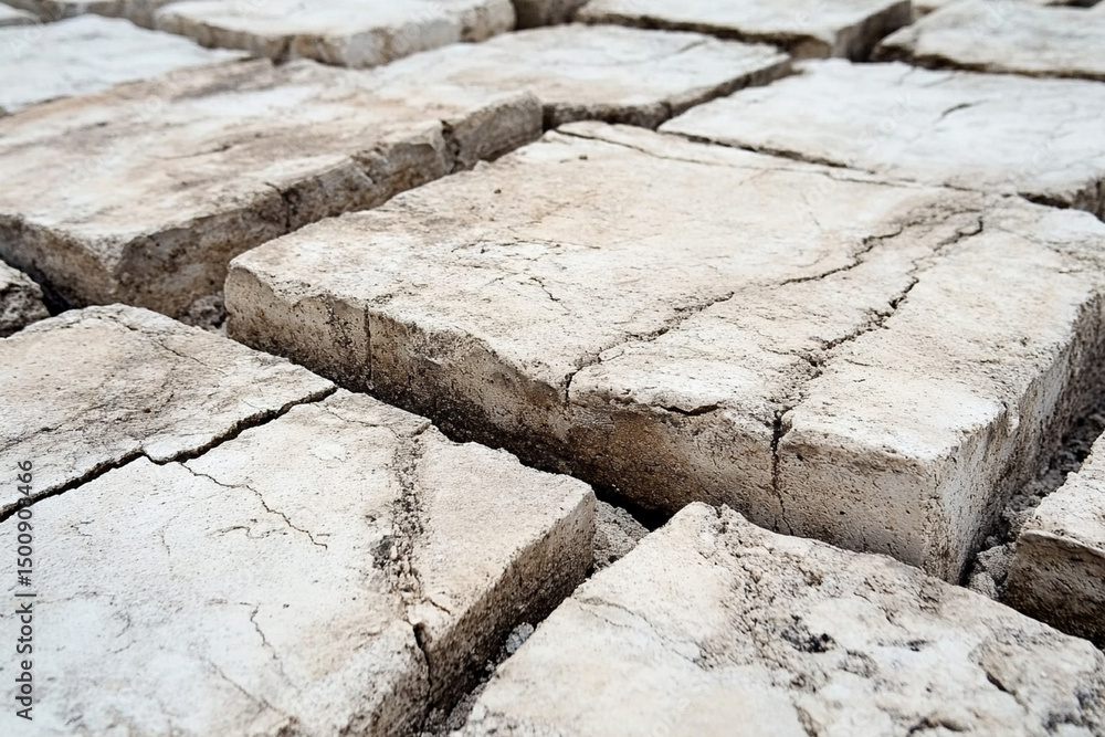 Poster installation of aerated concrete blocks creating a chaotic construction site in an urban environment