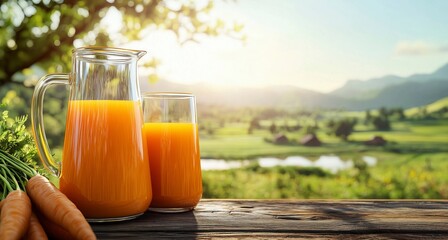 Carrot juice in a glass and jar on a rustic wooden table