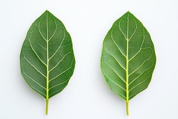 Obraz premium Two green leaves, symmetrical vein patterns, white backdrop