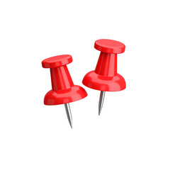 Bright red plastic pin or paper clip stands alone on a white background.
