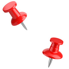 Bright red plastic pin or paper clip stands alone on a white background
