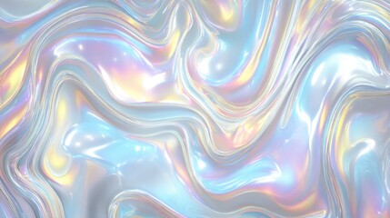 Swirling iridescent surface. Light reflects across curves and folds creating liquid metal or pearlized effect in a soft, pastel rainbow palette