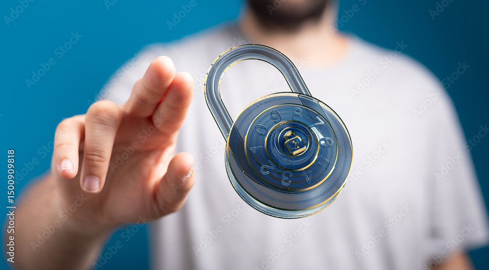 Aufkleber image of a hand interacting with a digital padlock, symbolizing online security and data protection.