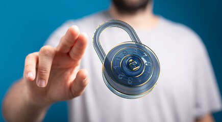 Image of a hand interacting with a digital padlock, symbolizing online security and data protection.