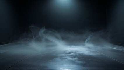 Smoke filling dark room with spotlight illuminating floor