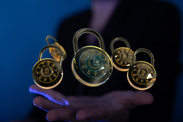 Digital security and data protection.  Combination locks represent secure access.