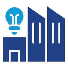 Industry Innovation - Glyph Dual Tone Blue Fill Icon - Lightbulb and modern buildings, highlighting collaboration between education and industry innovation