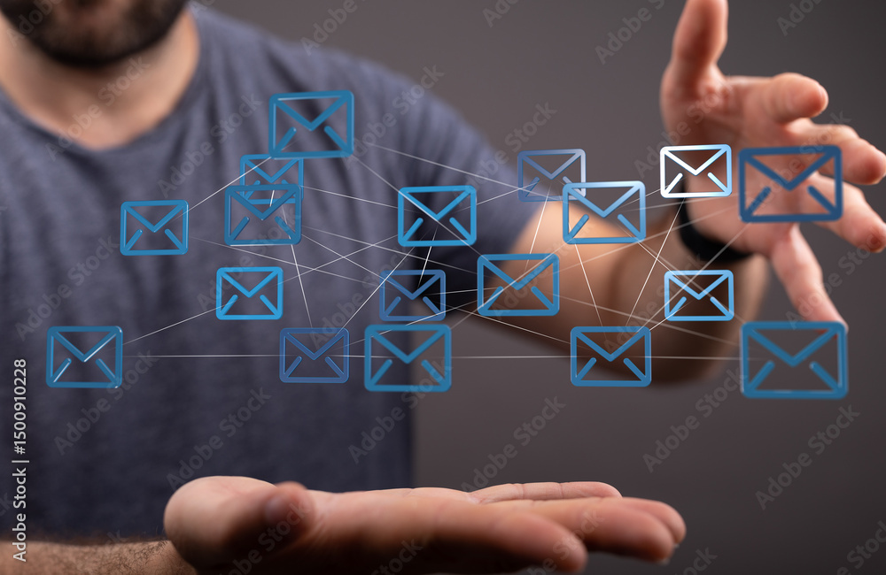 Poster image of a man's hands with a network of email icons. perfect for communication, networking, or tech