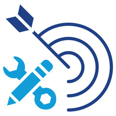 Career Targeting - Glyph Dual Tone Blue Fill Icon - Tools, pencil, and dart hitting a target, representing goal setting and skill alignment in career development