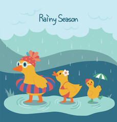 Rainy season illustration with a family of ducks in a swimsuit