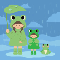 rainy season illustration with friends wearing frog raincoat and frog
