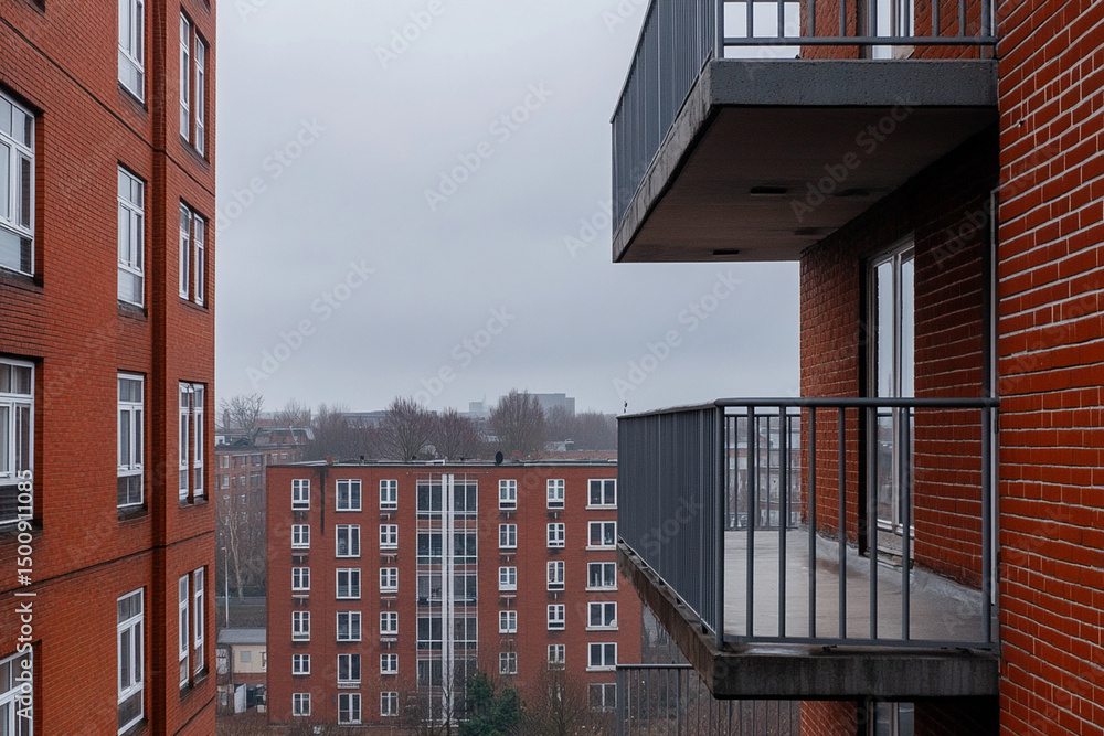 Poster balcony block installation involves multiple buildings in a cloudy urban environment
