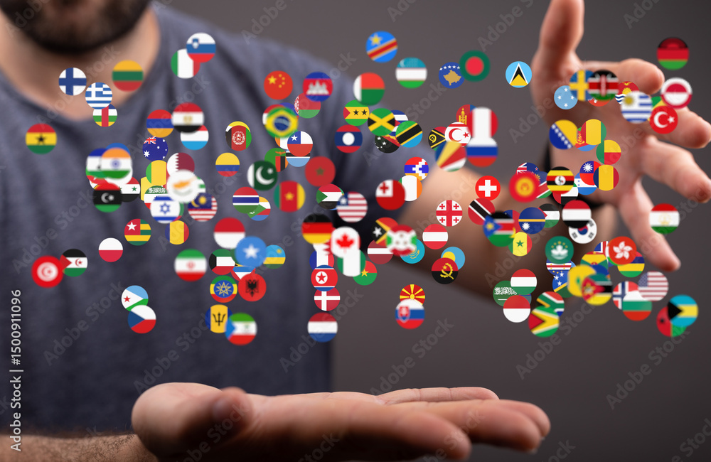Poster image of hands gently cradling a diverse array of national flags, symbolizing global connection and 