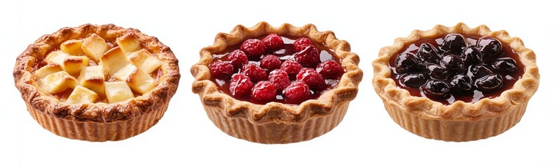Three mini pies with cherry, apple and apricot filling, isolated on white background