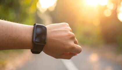 Arm with smart watch outdoors; blurred background, sunlit