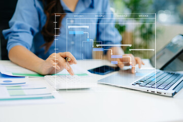 Project manager working and update tasks with milestones progress planning and Gantt chart scheduling diagram