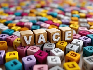 Colorful wooden blocks spelling 'VACE' on flat surface indoors