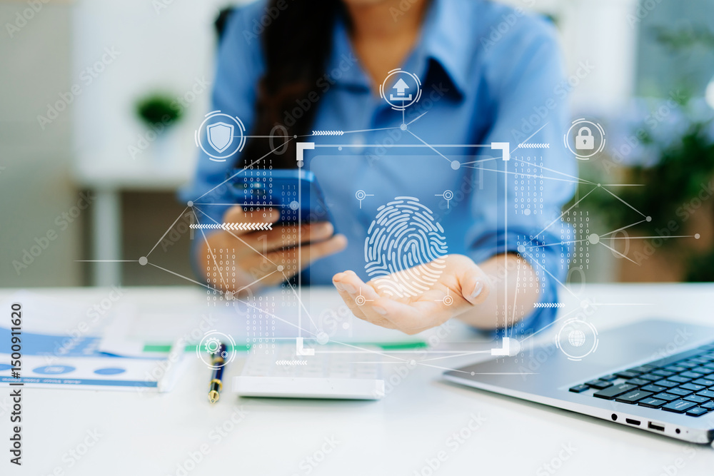 Poster biometric cyber security system and access control concept. businessman using mobile smartphone tabl