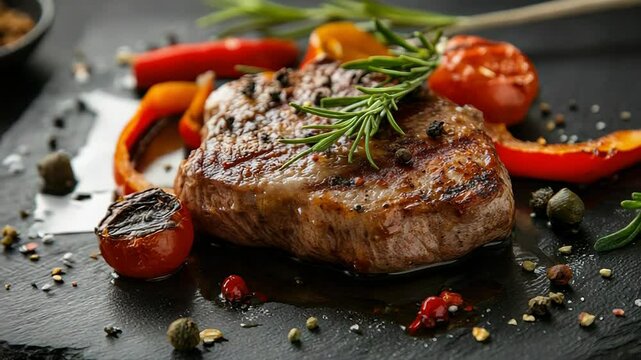 Grilled steak with roasted vegetables: capturing the sizzle and succulent detail