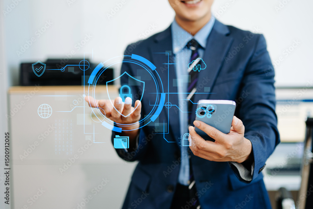 Poster cybersecurity and privacy concepts to protect data. lock icon and network security technology. man p
