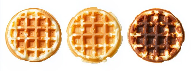 Round golden crispy waffles in various baked shades, isolated on white background