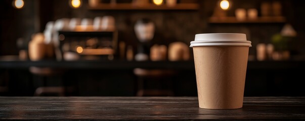 Takeaway coffee cup on wooden table in cozy cafe interior
