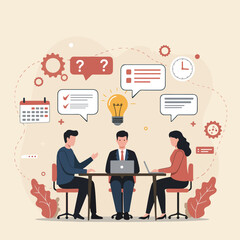 An illustration depicts three business professionals in a meeting, complete with speech bubbles, a lightbulb signifying ideas, and various organizational icons.