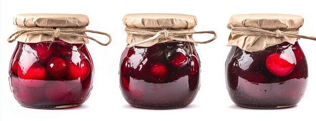 Cherry jam jars with burlap covers isolated on white background