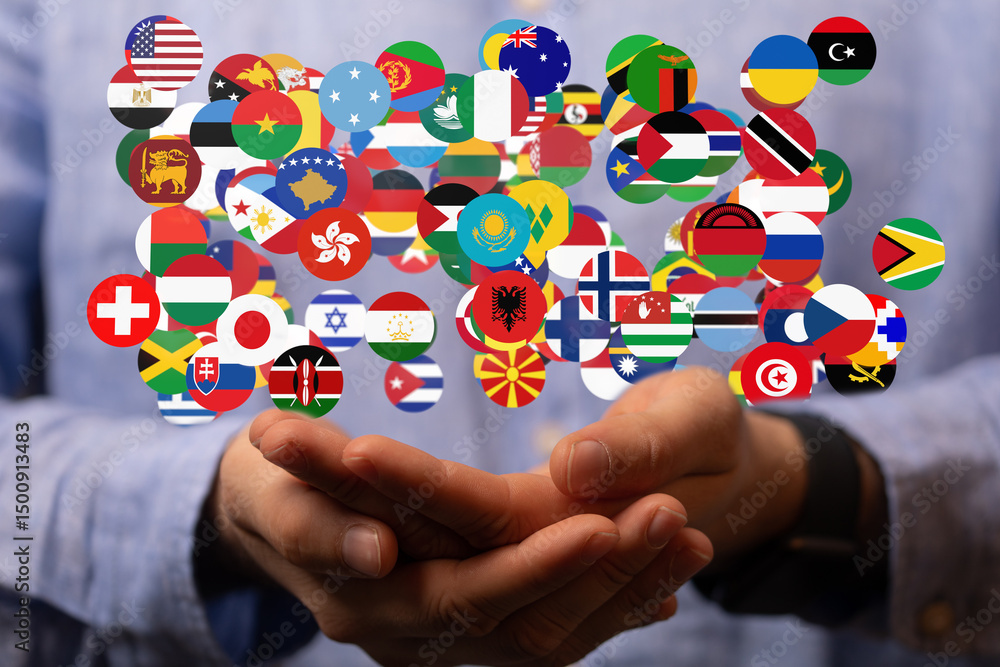 Poster image of hands gently holding diverse national flags, symbolizing global unity and connection.