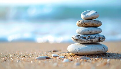 Stack of five smooth rocks on beach sand with ocean waves softly blurred in the background