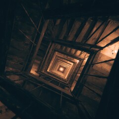 Naklejka premium Spiral staircase ascends in a square pattern, lit dimly from above, creating a claustrophobic perspective