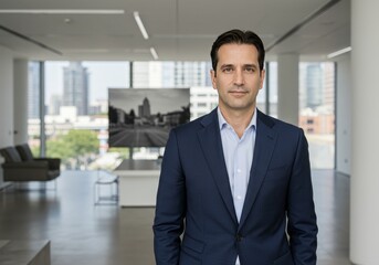 Photo Portrait of a Businessman in Navy Blue Suit in Modern Office Setting