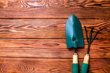 Garden tools on the background of a brown wooden table
