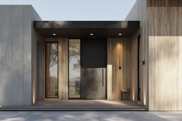 Modern home entrance featuring clean lines, wood cladding, & gray door in sunlight