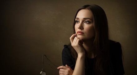 Obraz premium Photo Portrait Of A Thoughtful Woman Holding A Watch In A Dark Background