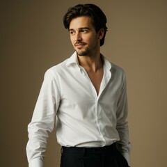 Obraz premium Photo Portrait of a Stylish Young Man in White Shirt with Dark Hair and a Neutral Background