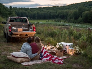 Fototapeta premium Happy young couple sitting on blanket with American flag at sunset