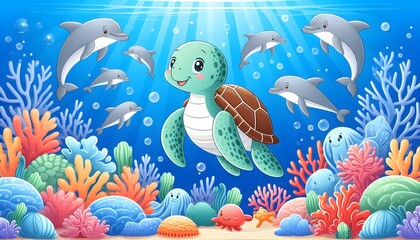 Cheerful sea turtle smiling with marine animals in a vibrant coral scene celebrating World Turtle Day with joy