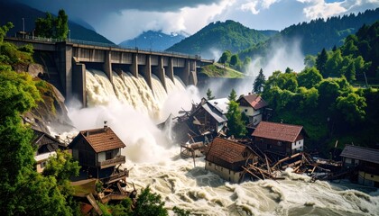 Dam bursts, floodwaters engulf homes, nature overwhelmed. Landscape of devastation amid mountains and forests