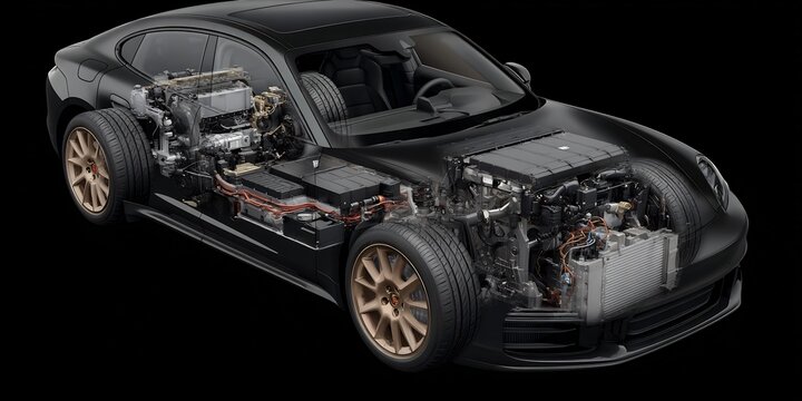 Black Electric Car Technical Cross Section