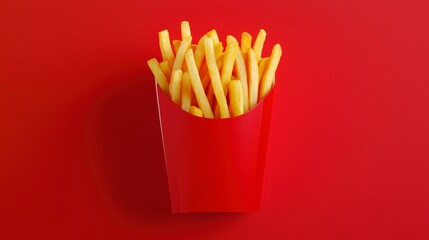 French fries in red box with copy space on red background