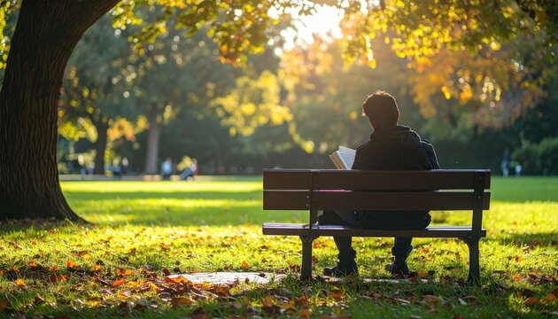 Man reads on bench under tree in sunlit park; fall foliage scatters the lawn