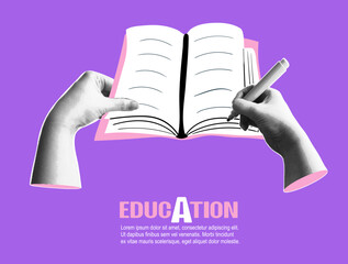 Education. Trendy halftone collage banner with hands holding open book and marker. Knowledge and back to school concept. Contemporary vector illustration
