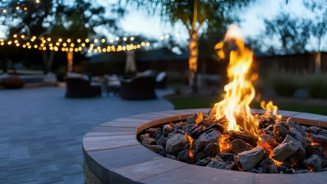 Outdoor fire pit with flickering flames in scenic evening patio setting with string lights