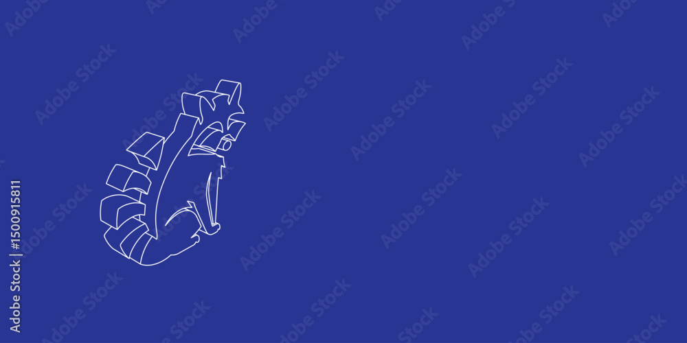 Poster the outline of a large raccoon symbol made of white lines on the left. 3d view of the object in pers
