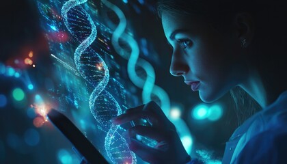 A woman studies a digital representation of dna.