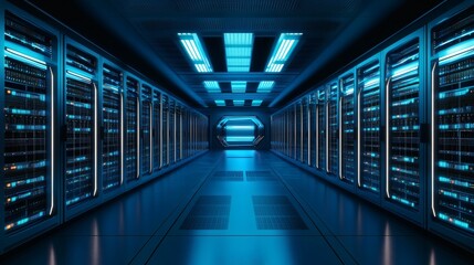 Fototapeta premium Modern Data Center Interior with Blue Lighting