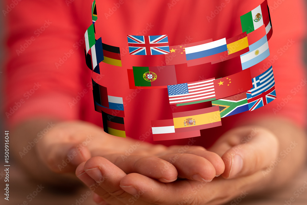 Poster image of hands gently holding a swirling array of international flags, symbolizing global unity and 